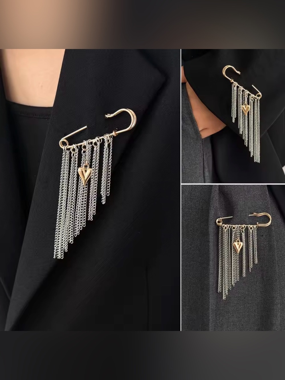 Gold & Silver Heart Tassel Safety-Pin Brooch Pin
